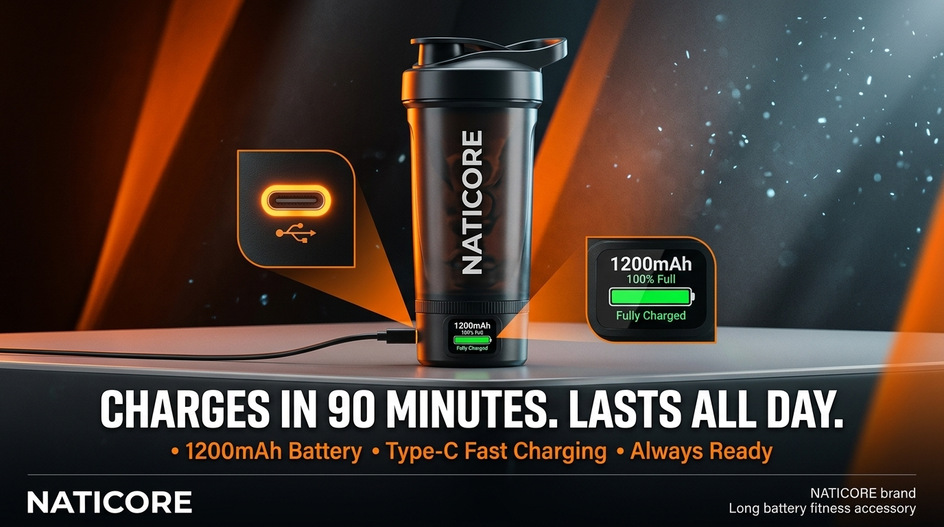 A black Naticore shaker bottle with a matching black lid, shown on a dark promotional background with orange lighting and text highlighting 1200mAh battery life and Type-C fast charging.