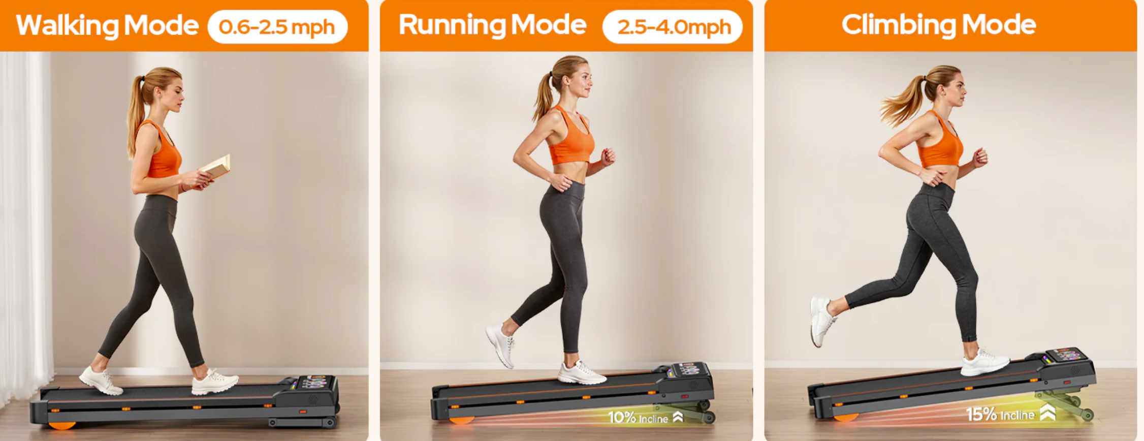 Woman using a treadmill in different modes with speed indicators.