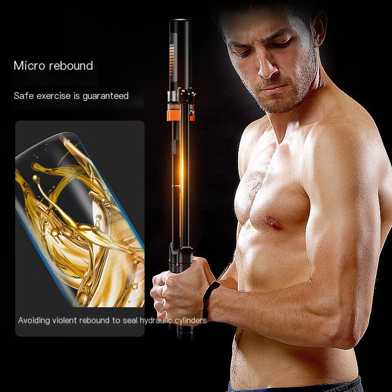 Man holding a black and orange exercise device with text about micro rebound and safe exercise.