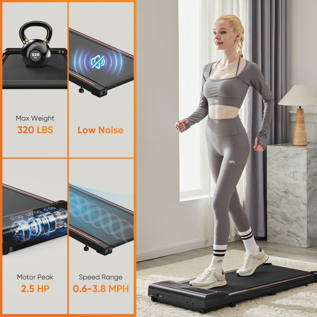 NATICORE walking pad specs 2.5HP motor 320LB capacity 0.6-3.8 MPH low noise operation