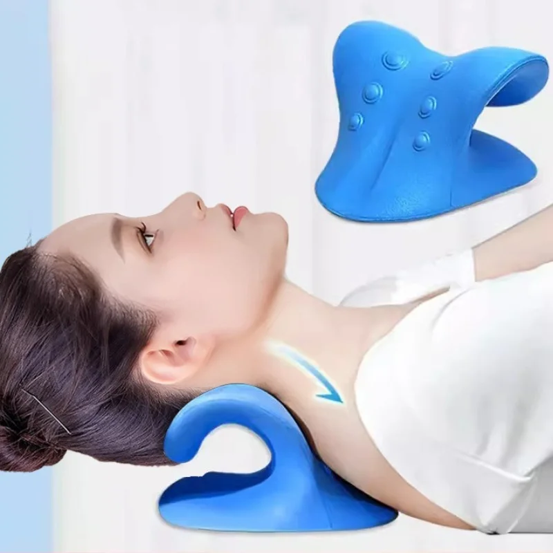 Woman lying down with a blue neck and shoulder massager on a white background