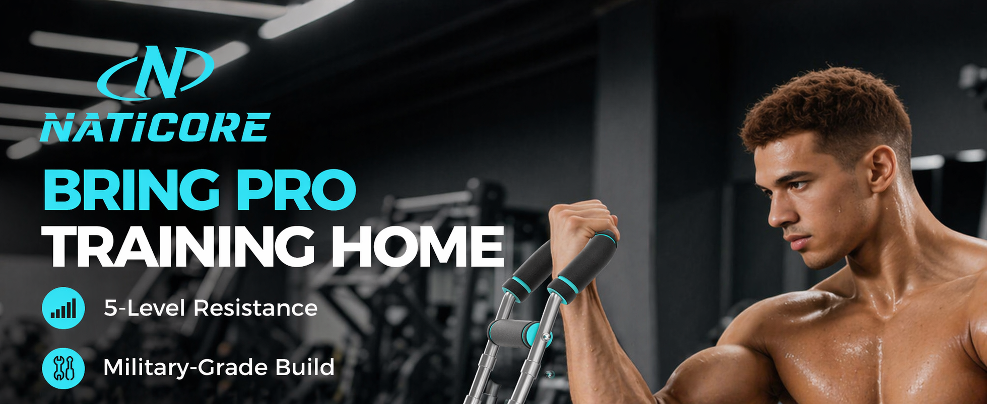 Advertisement for Naticore fitness equipment with a man using resistance training equipment.