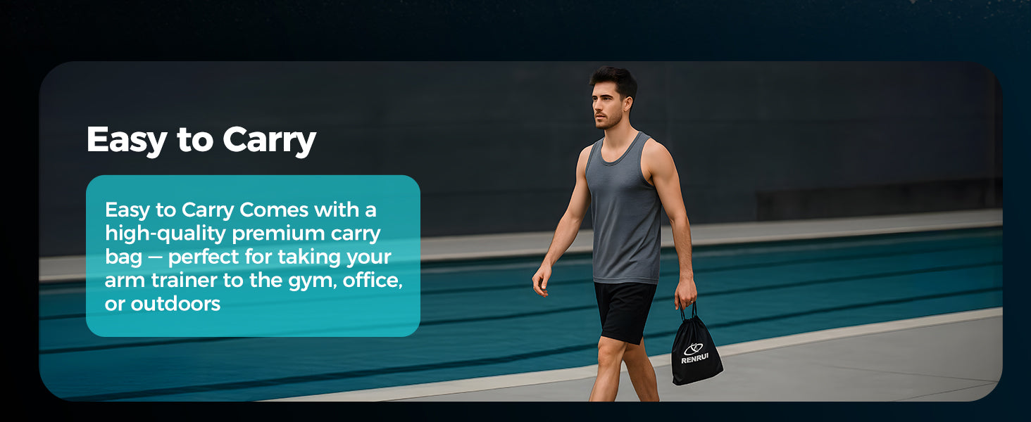 Man holding a black arm trainer with text about carrying options.