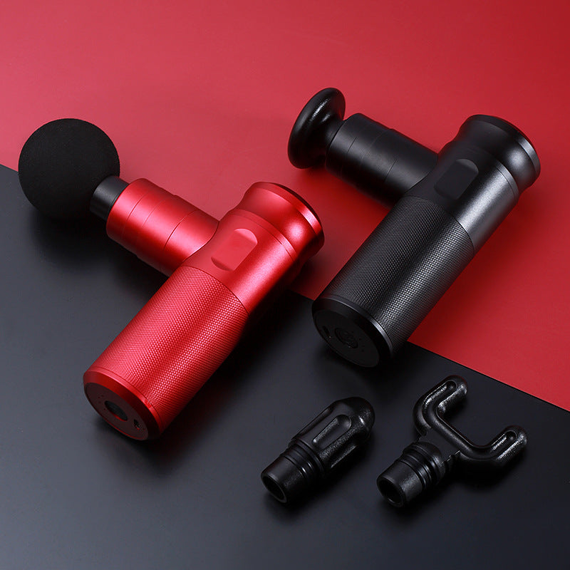 Red and black massage gun on a red and black background