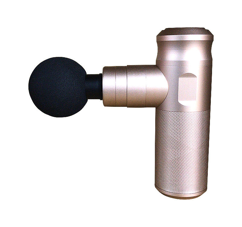 Handheld massage gun with metallic body and black head on a white background