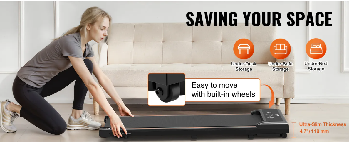 Woman setting up a slim treadmill in a living room with text 'Saving Your Space' and storage options.