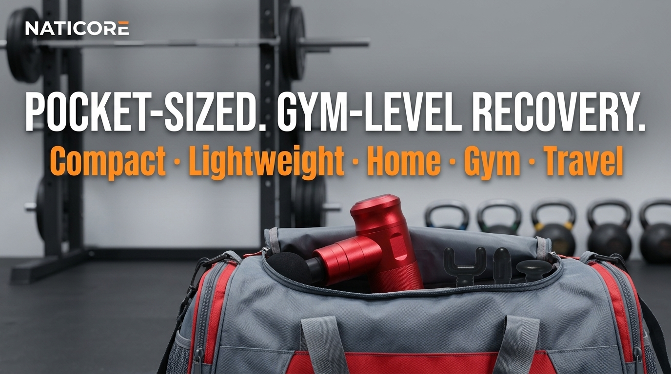 Gray and red bag with gym equipment in a gym setting, featuring Naticore branding.