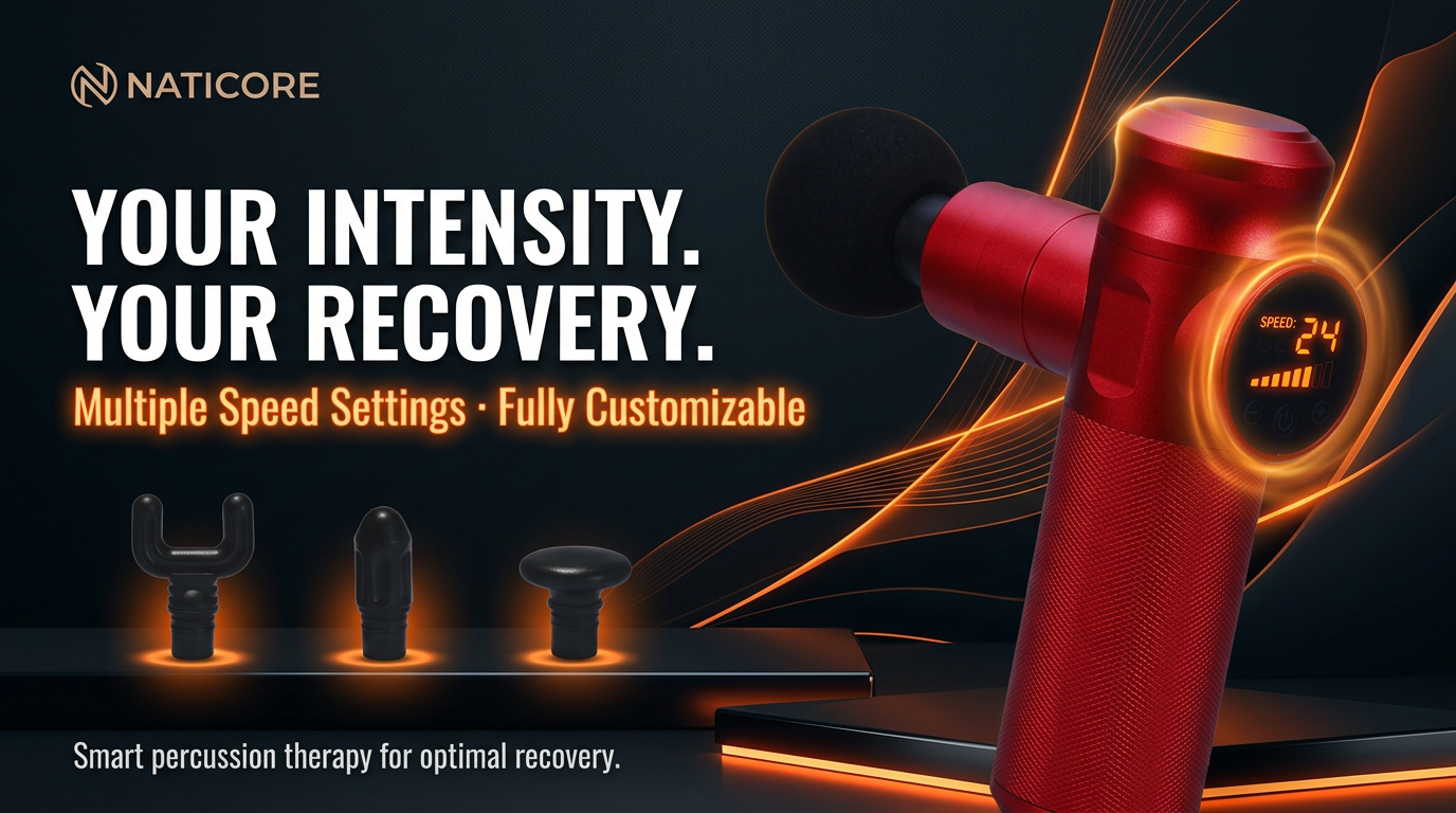 Red massage gun with customizable settings on a dark background, featuring Naticore branding.