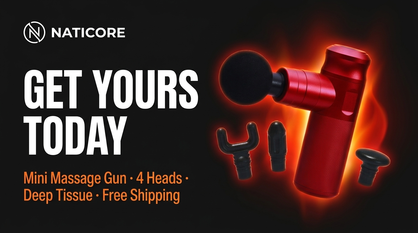 Red massage gun with attachments on a black background, featuring Naticore branding.