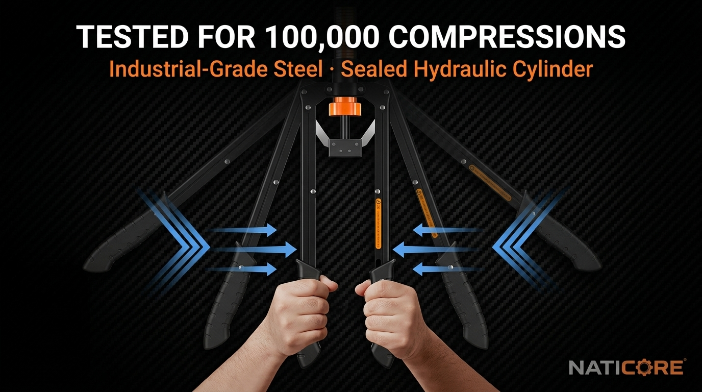 Hydraulic cylinder with hands holding it, tested for 100,000 compressions, on a black background.