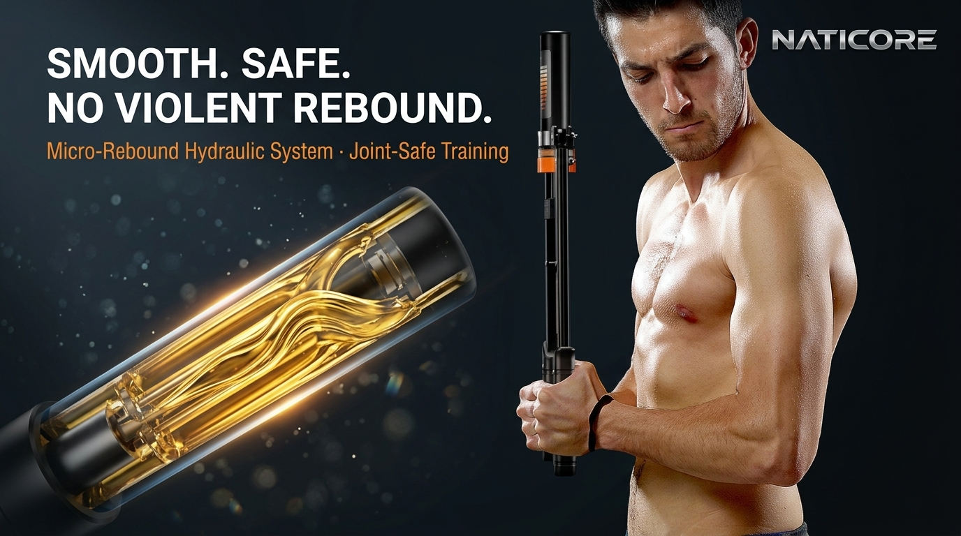 Man holding a piece of exercise equipment with Naticore branding and product features.