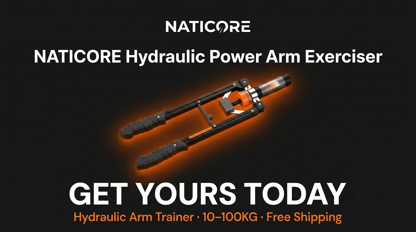 NATICORE Hydraulic Power Arm Exerciser on a black background with promotional text.