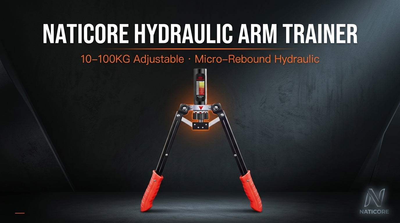 Naticore Hydraulic Arm Trainer with red feet on a dark background