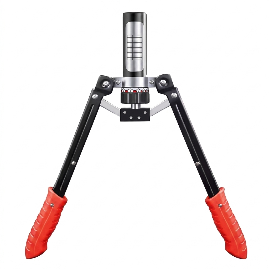 Bench vice with red handles on a white background