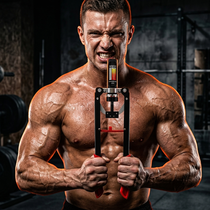 Muscular man holding a weightlifting device in a gym setting