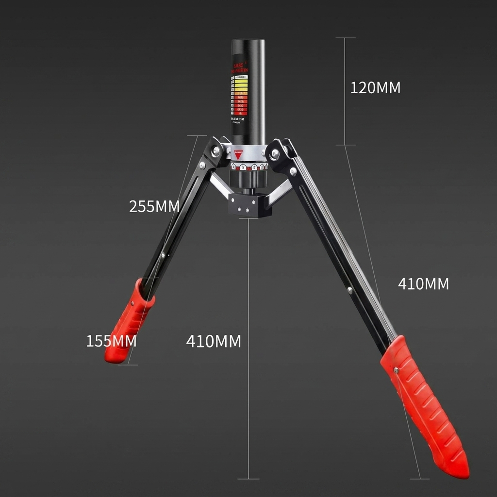 Bench vice with red handles and measurements on a black background