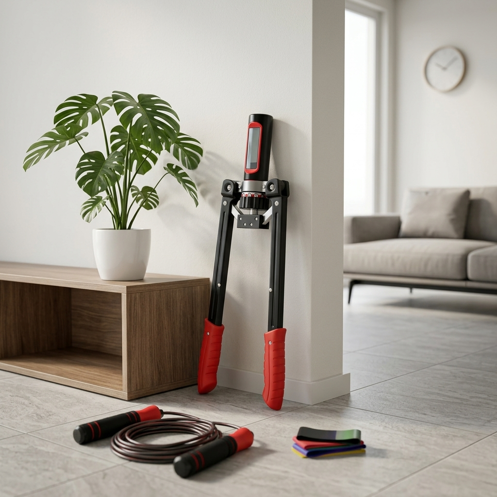 Fitness equipment including jump ropes and resistance bands in a home setting with a plant and sofa.
