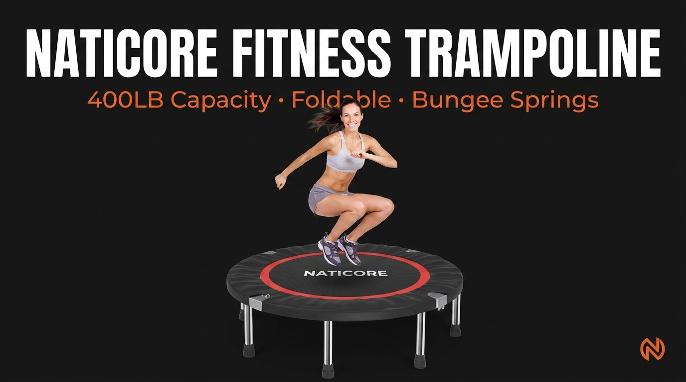 Naticore Fitness trampoline with a person jumping on it against a black background