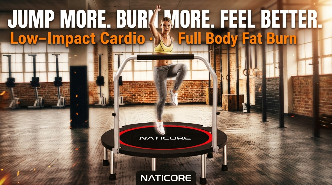 Person using a Naticore rebounder in a gym with text about low-impact cardio and full-body fat burn.