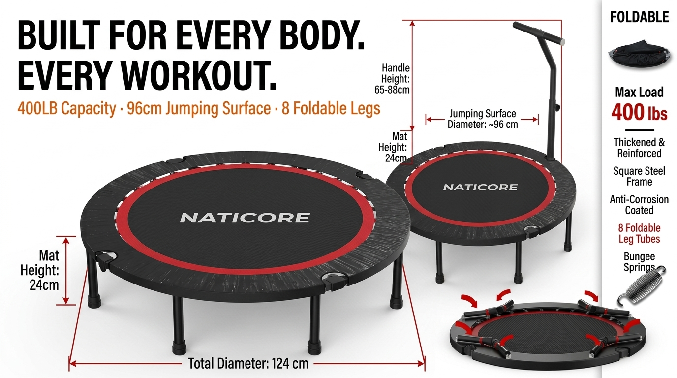 Naticore trampoline with specifications and features on a white background