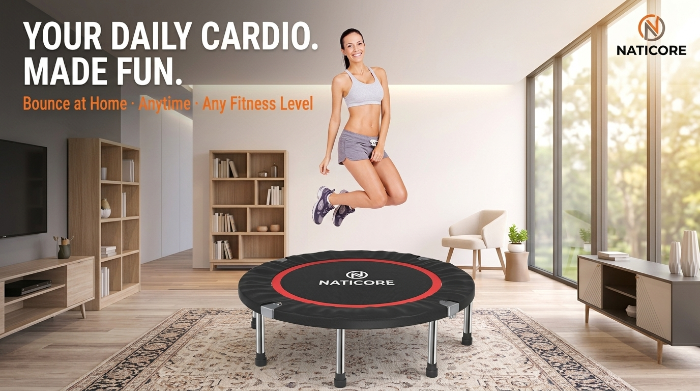 Woman jumping on a Naticore trampoline in a living room with text about daily cardio.