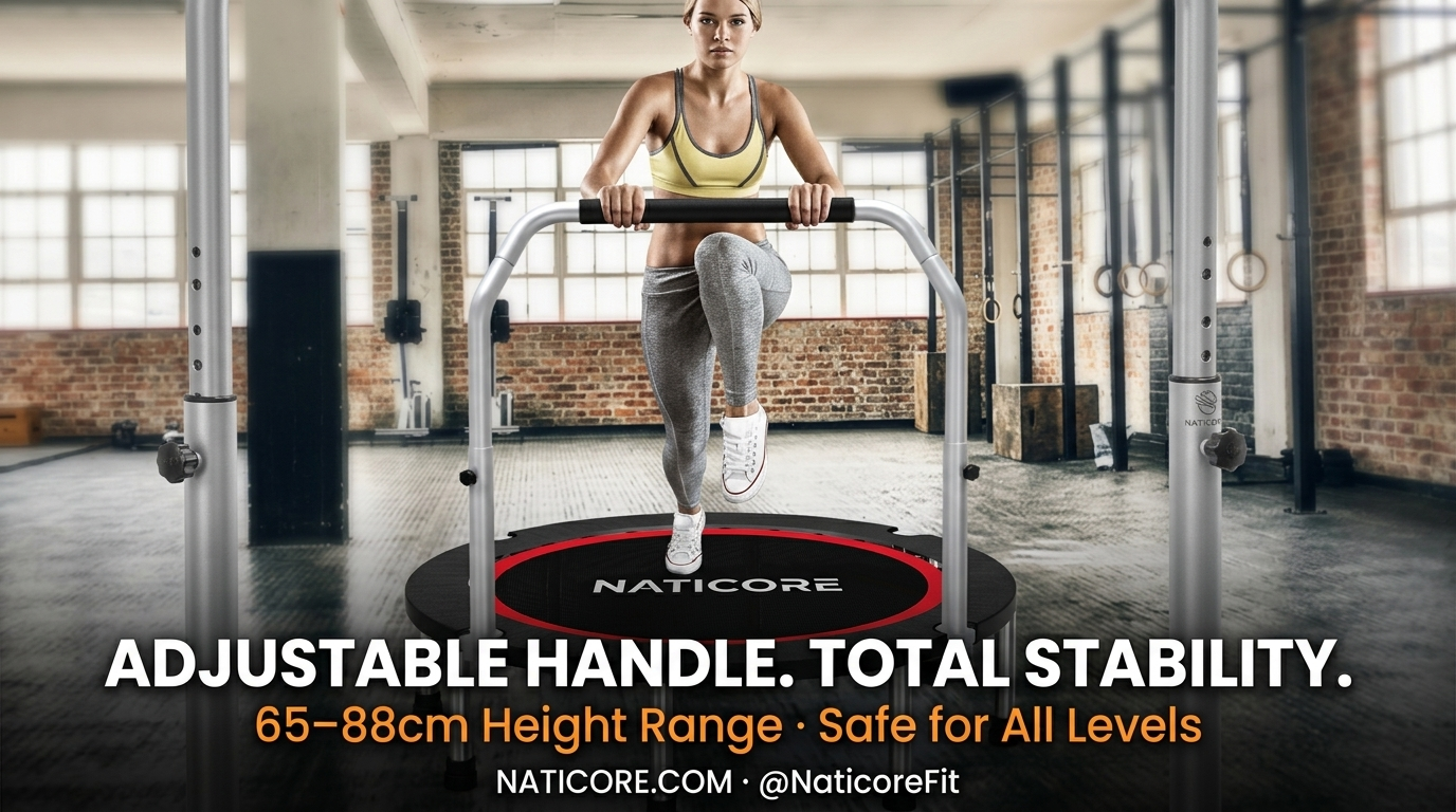 Woman exercising on a Naticore fitness product in a gym setting with text highlighting features.