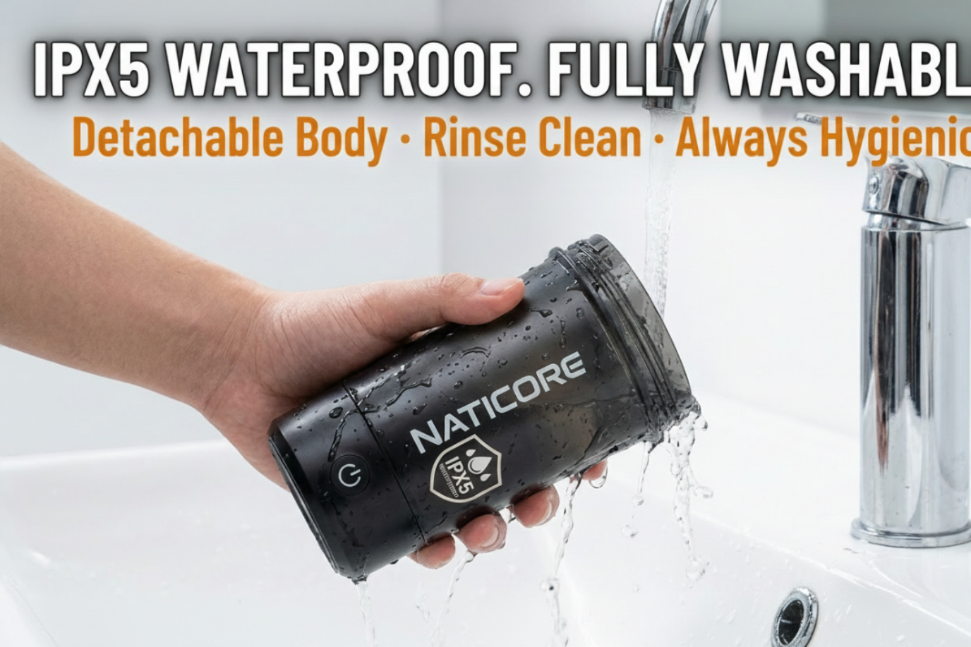 A hand holds a black Leadnear water filter under running water near a chrome faucet, with text reading 'IPX5 WATERPROOF. FULLY WASHABLE.