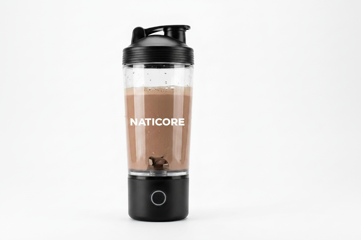 A portable electric shaker bottle with a black lid and base, containing a brown liquid, shown on a clean white background.