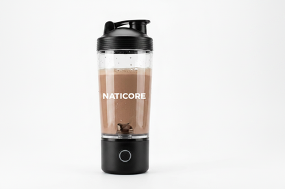 A portable electric shaker bottle with a black lid and base, containing a brown liquid, shown on a clean white background.