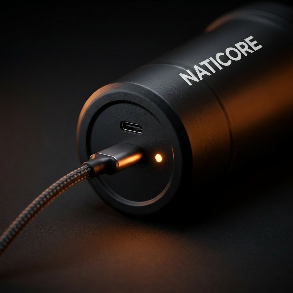 A close-up of a matte black cylindrical electronic device with a USB-C port, shown connected to a braided charging cable. A small warm amber light glows near the port, set against a dark background with dramatic warm lighting.