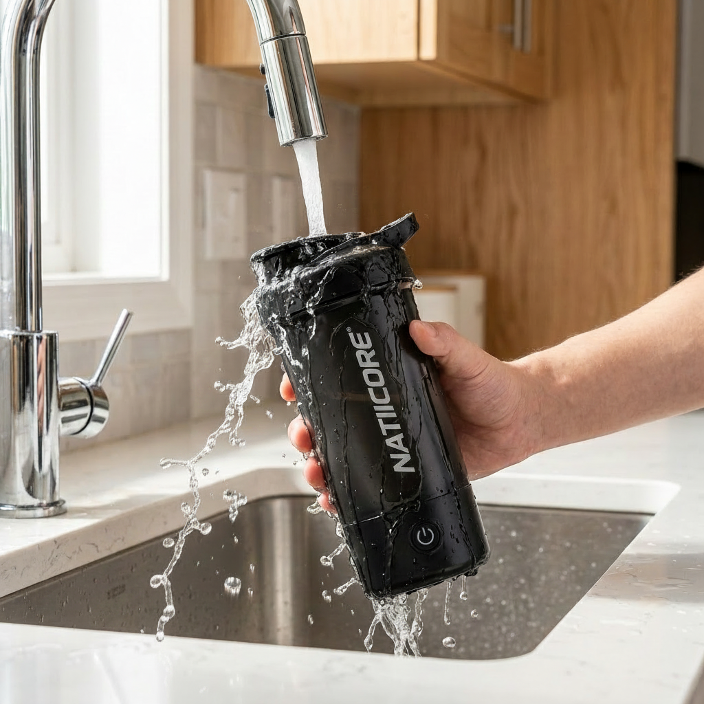 A hand holds a black LeadNear water bottle under a running faucet in a kitchen sink, with water splashing around the bottle.