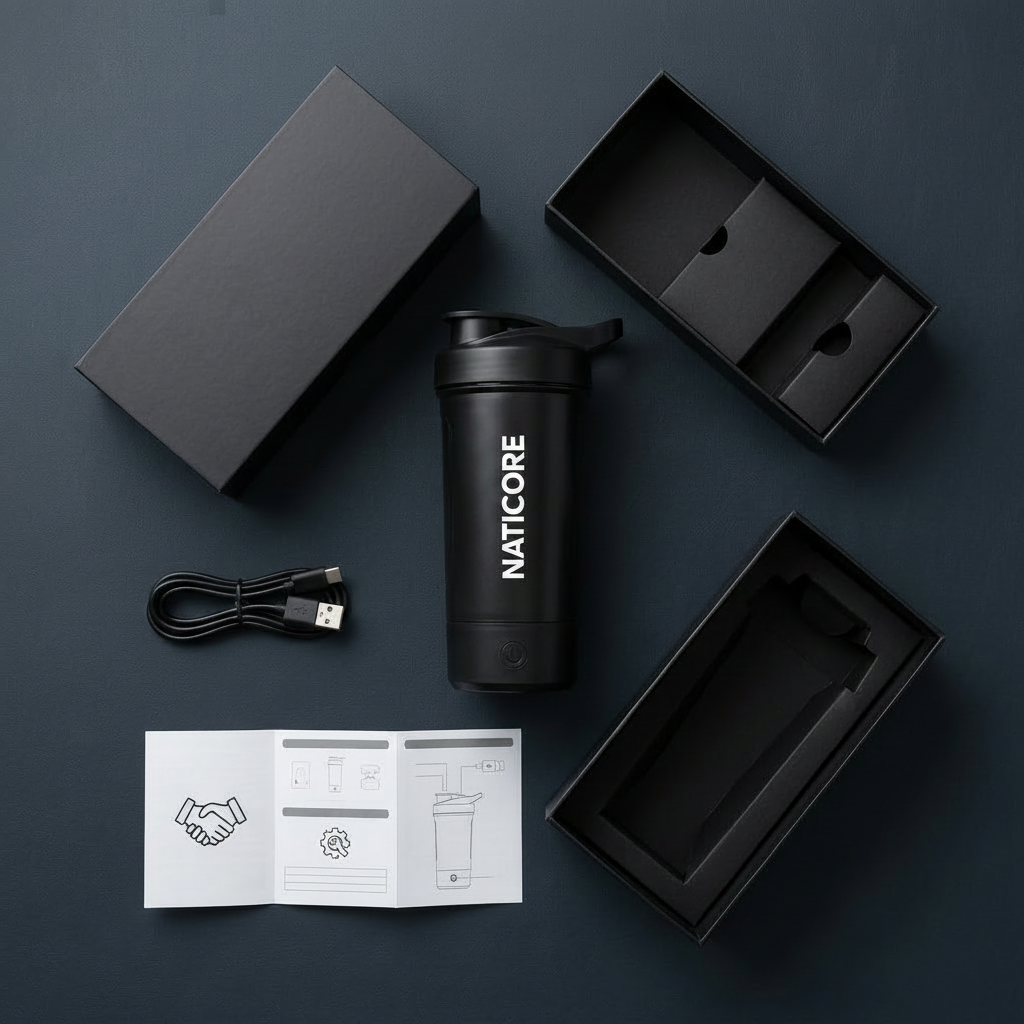 A matte black insulated travel tumbler with a flip spout lid is shown in a flat lay with its black packaging, a USB charging cable, and an instruction booklet on a dark slate background.