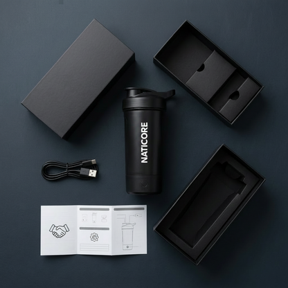 A matte black insulated travel tumbler with a flip spout lid is shown in a flat lay with its black packaging, a USB charging cable, and an instruction booklet on a dark slate background.
