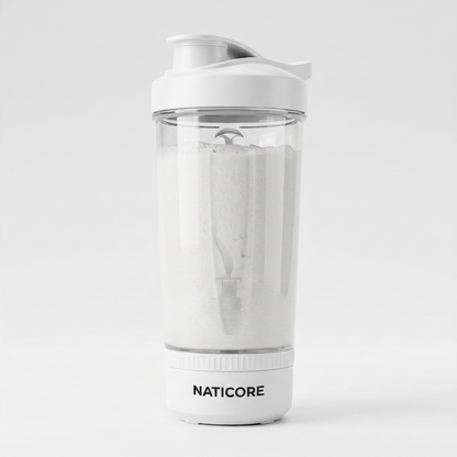 A white portable electric shaker bottle with a clear jar containing white powder, set against a seamless light gray background.