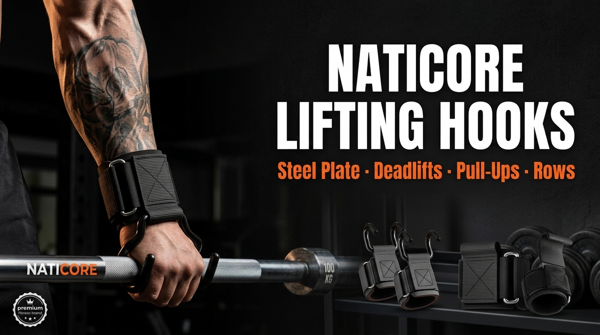 A close-up of a person's tattooed arm wearing a black Naticore wrist strap while gripping a barbell in a gym setting. Large white and orange text on the right reads 'NATICORE LIFTING HOOKS' with 'Steel Plate - Deadlifts - Pull-Ups - Rows'.