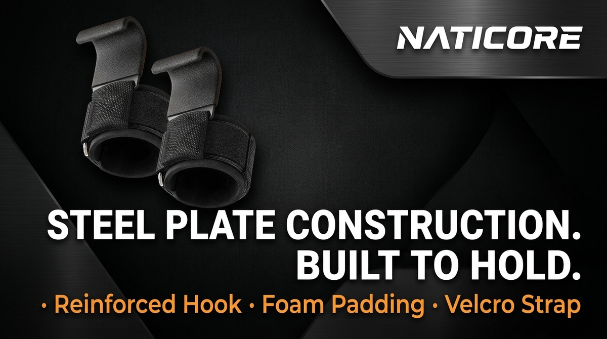 Naticore black tactical hook with foam padding and a velcro strap, shown on a dark background with promotional text highlighting steel plate construction.