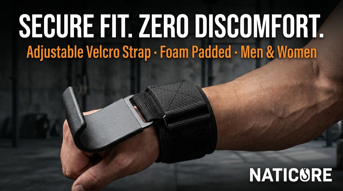 A close-up of a person's forearm and hand wearing a black Naticore wrist support brace with an adjustable velcro strap, set against a dark gym background with promotional text.