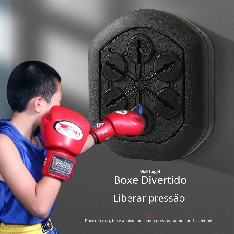 Child in red boxing gloves punching a black wall target with text 'Walltarget Boxe Divertido Liberar pressón' on a gray background.