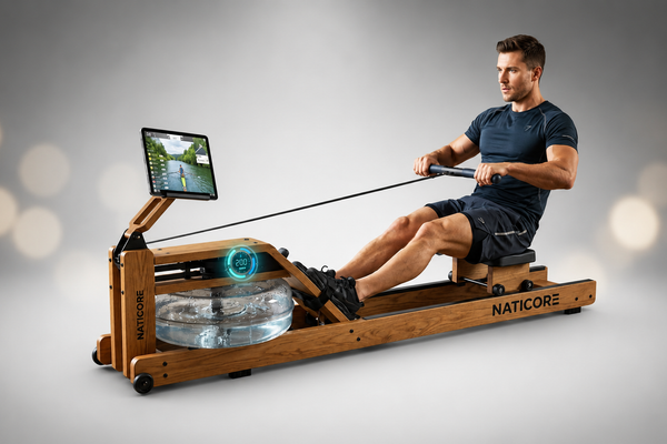 Water Rowing Machine Oak Wood 350LB Kinomap Bluetooth | NATICORE